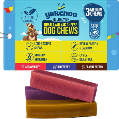 Yakchoo Himalayan Yak Cheese Dog Chews – Medium 70g - Blueberry Strawberry & Peanut Butter 3pk