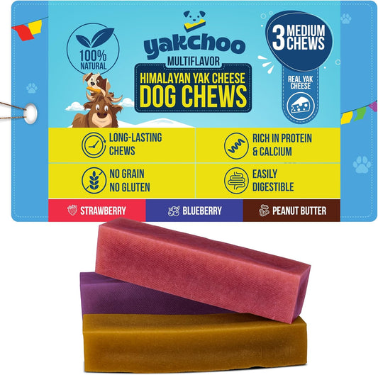 Yakchoo Himalayan Yak Cheese Dog Chews – Medium 70g - Blueberry Strawberry & Peanut Butter 3pk