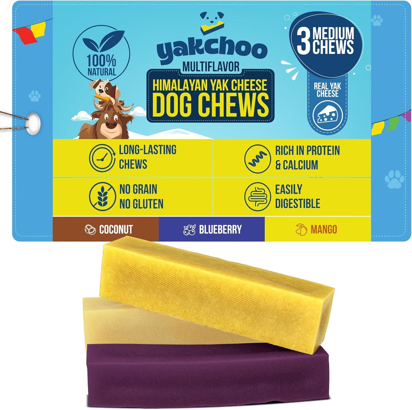 Yakchoo Himalayan Yak Cheese Dog Chews – Medium 70g - Blueberry Coconut & Mango 3pk