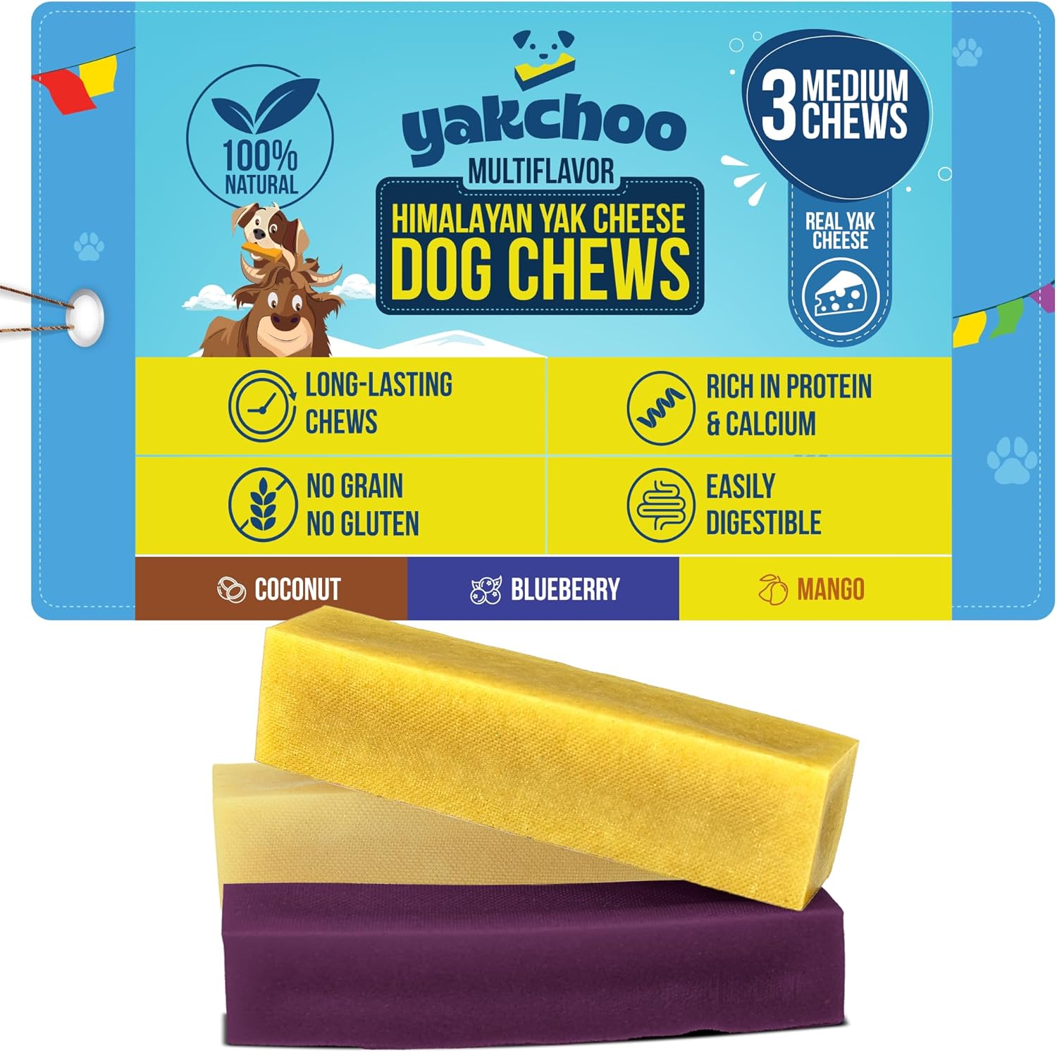 Yakchoo Himalayan Yak Cheese Dog Chews – Medium 70g - Blueberry Coconut & Mango 3pk