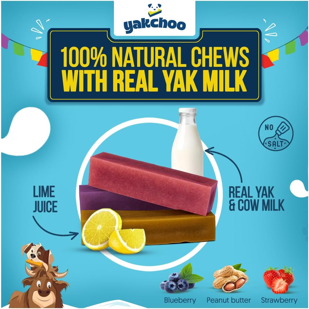Yakchoo Himalayan Yak Cheese Dog Chews – Medium 70g - Blueberry Strawberry & Peanut Butter 3pk