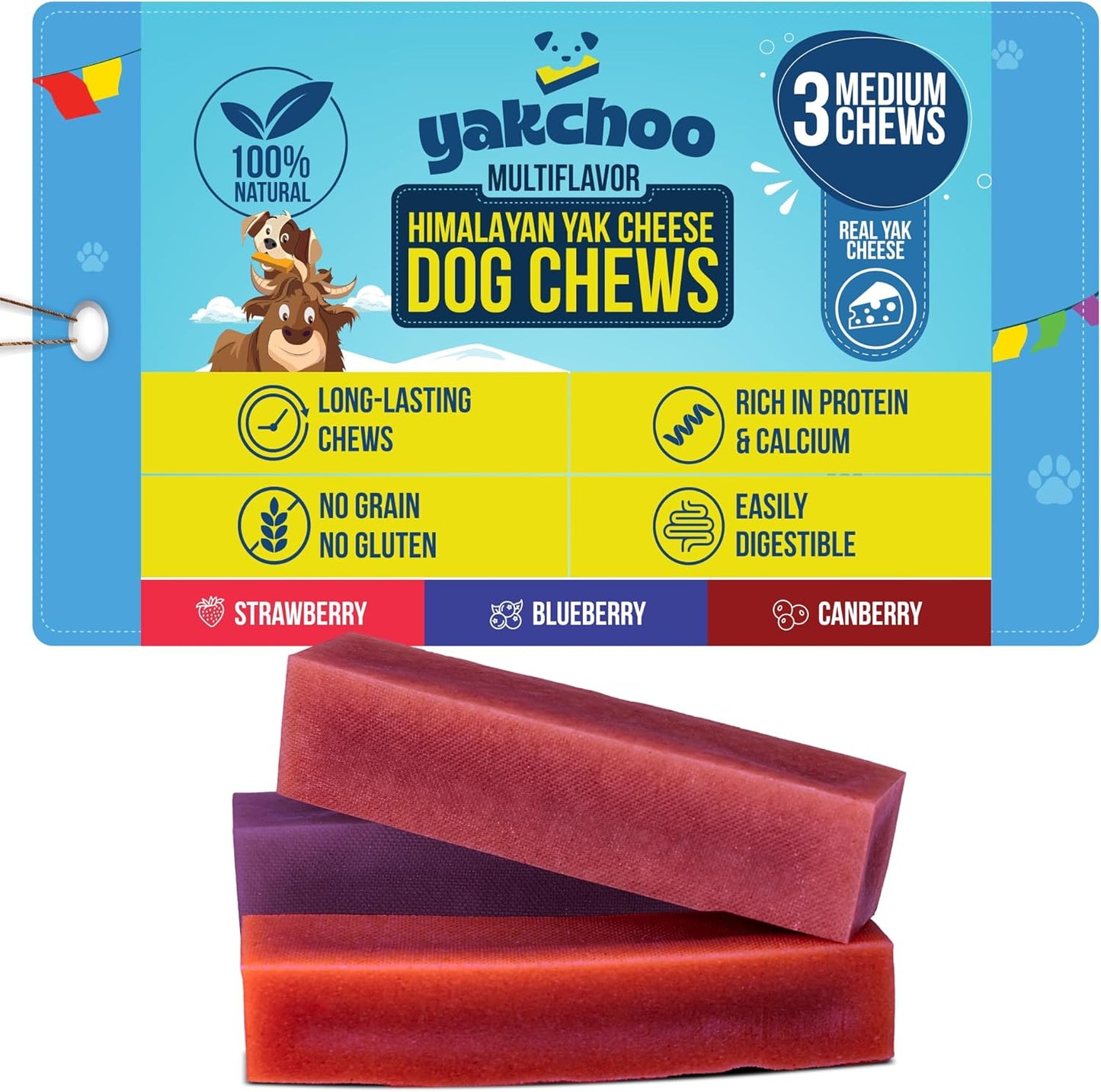 Yakchoo Himalayan Yak Cheese Dog Chews – Medium 70g - Blueberry Strawberry & Cranberry 3pk